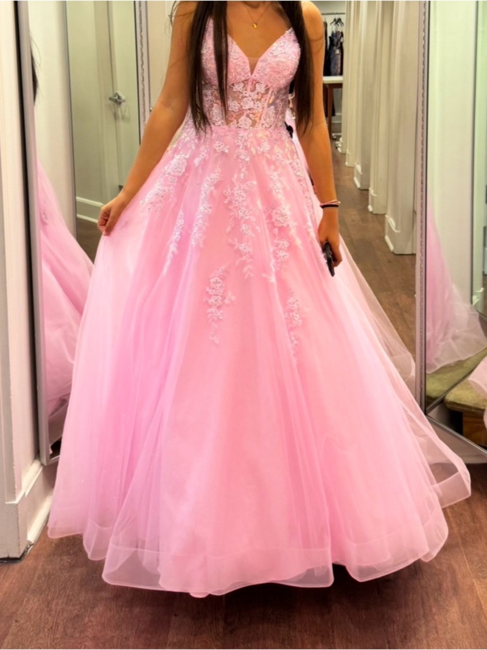 Girls Pink Lace Appliqué Ball Gown Dress
